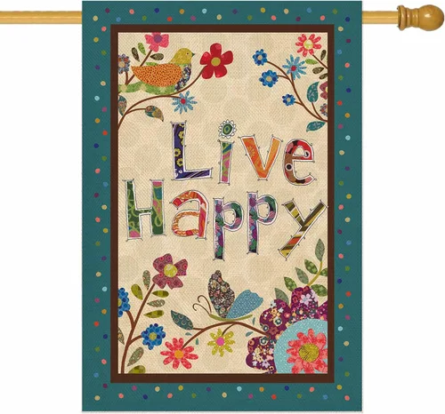 Vista 9 de Hzppyz Live Happy - Bandera decorativa pequeña para jardín con flores, pájaro, primavera y verano, cita inspiradora para casa, patio, decoración