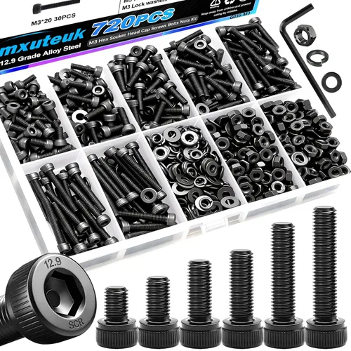 Vista 23 de mxuteuk Juego de tornillos M5 de 185 piezas, kit de tuercas, pernos y tornillos de cabeza hexagonal M5, pernos de acero de aleación de grado 12.9