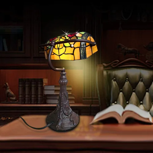 Vista 7 de Tiffany - Lámpara de mesa con vitrales para sala de estar, lámpara de piano con libélula lateral, pequeña de 15.5 pulgadas de alto, lámpara