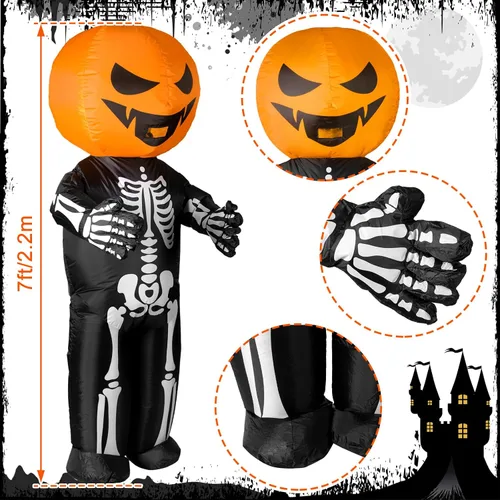 Vista 5 de Hercicy Disfraz inflable de Halloween de 7 pies, disfraz de esqueleto de calabaza, disfraz de Halloween, esqueleto de cuerpo completo para adultos