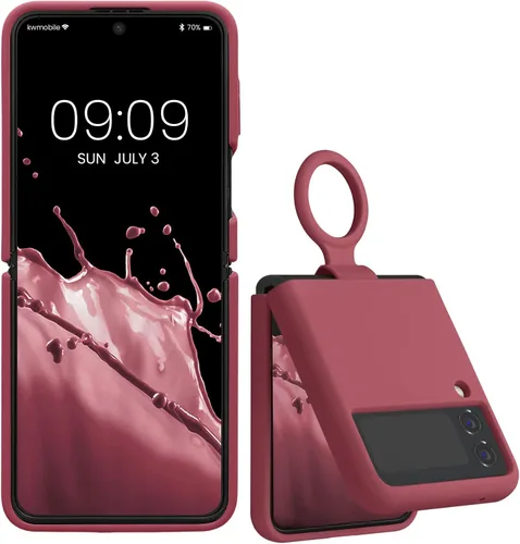 Vista 8 de kwmobile Funda compatible con Samsung Galaxy Z Flip4 - Funda suave con acabado de silicona y bucle de anillo de dedo - Rosa oscuro