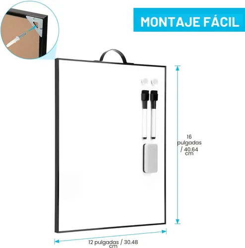 Vista 3 de TSJ OFFICE Pizarra blanca pequeña, pizarra blanca portátil de aluminio negro de 16 x 12 pulgadas, pizarra magnética de borrado en seco con asa, bloc