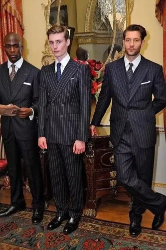 Vista 4 de HUUTOE Traje de rayas para hombre, 2 piezas, doble botonadura, baile de graduación, boda, Halloween, Navidad, fiesta, blazer y pantalones