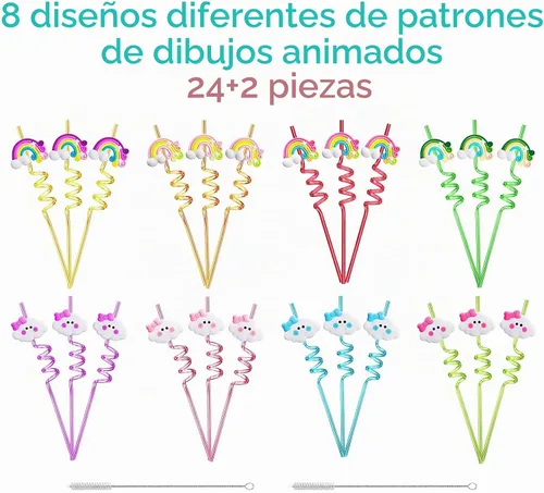 Vista 6 de Suministros para fiesta de cumpleaños de arco iris, pajitas de plástico para beber, 24 para niños y niñas, decoraciones de fiesta de nube arcoíris