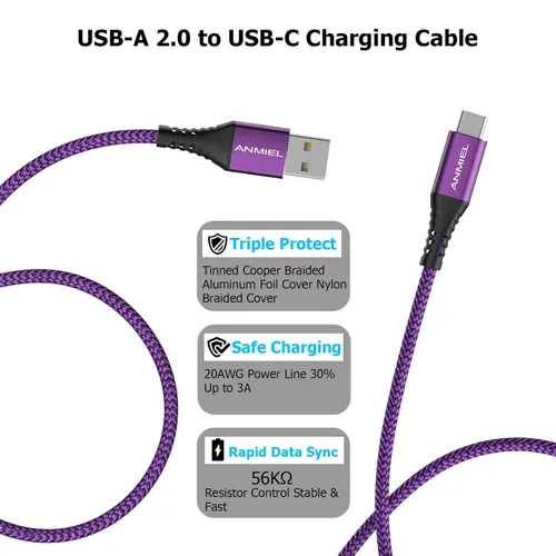 Vista 6 de Cable USB C 3A de carga rápida, [1M+1M+1M+2M]USB A a tipo C, cable de carga trenzado compatible con Samsung Galaxy A10e A20 A50 A51 A71, S20 S10 S9