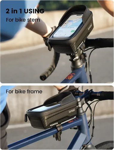 Vista 3 de Lamicall Paquete de 2 bolsas impermeables para marco de bicicleta, [versión 1s] [2 en 1], bolsa de teléfono para bicicleta, soporte para teléfono