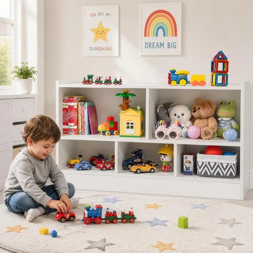 Vista 12 de HONEY JOY Organizador de almacenamiento de juguetes para niños, estante de almacenamiento de 5 secciones para preescolar, organizador de estante