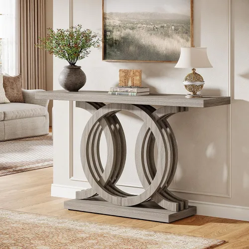 Vista 4 de Tribesigns Mesa consola de 55 pulgadas con base de madera geométrica, mesa de entrada moderna con mesa gruesa para sala de estar, pasillo, vestíbulo