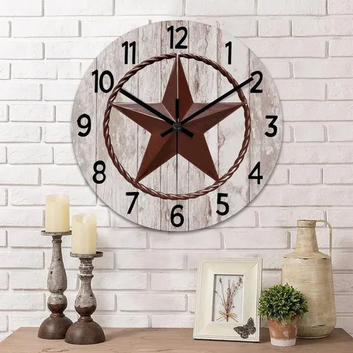 Vista 10 de Reloj de pared rústico de estilo retro clásico con estrella de Texas occidental, reloj de madera, silencioso, sin tictac, funciona
