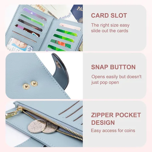 Vista 3 de yiijay Cartera para mujer con bloqueo RFID, de cuero vegano, triple pliegue, tarjetero para tarjetas de crédito, cartera de viaje con soporte