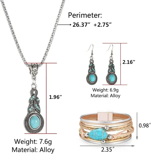 Vista 8 de Collar de turquesa bohemio para mujer, aretes de turquesa vintage, pulsera de turquesa ajustable, conjunto de joyas de turquesa occidental