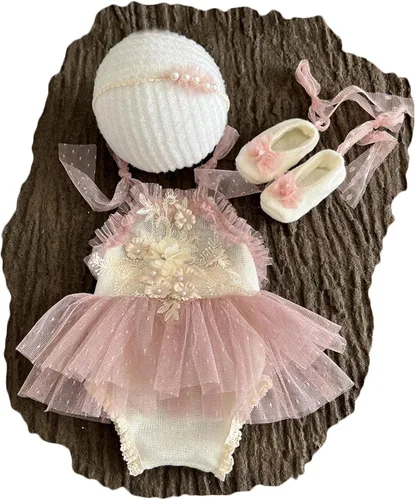 Vista 8 de Zeroest Conjunto de Accesorios para Fotografía de Recién Nacidos, Juego de Vestido de Encaje para Niña, Traje para Sesión de Fotos de Bebé Niña