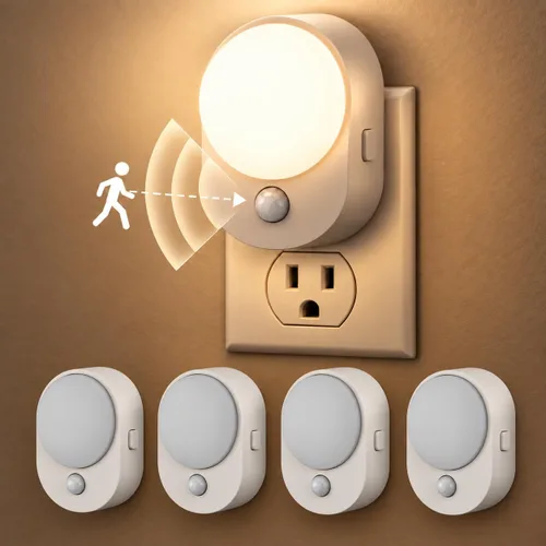 Vista 8 de L LOHAS LED Luz nocturna con sensor de movimiento, paquete de 2 luces nocturnas enchufables a la pared, sensor de movimiento y sensor de atardecer a