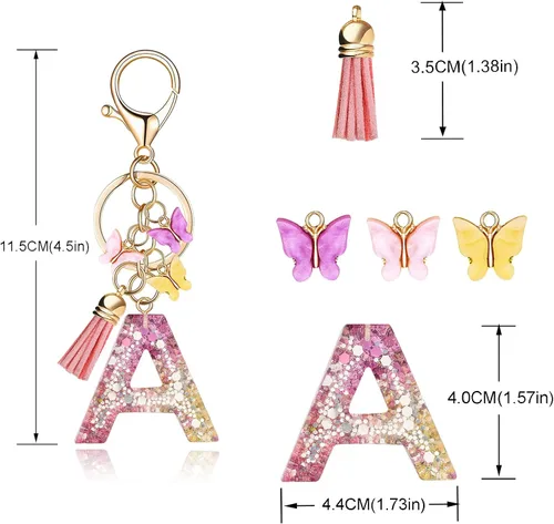 Vista 3 de Llavero de letra inicial del alfabeto de moda, colgante de borla de mariposa, llavero para bolso, bolsos de mano para mujeres y niñas