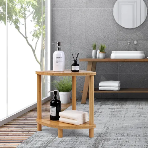 Vista 6 de Taburete de ducha de bambú para ducha interior de 2 niveles, banco de ducha de esquina Waterproof,Shower Foot Rest with Storage,Space-Saving,Bath