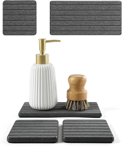 Vista 15 de Paquete de 2 bandejas de fregadero de piedra de diatomita, tapete de grifo absorbente de agua para encimera de cocina y baño, jabonera decorativa