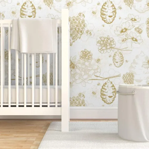 Vista 6 de Muestra de papel tapiz extraíble – Colmena de abeja Toile flores amarillas grandes mostaza oro abeja miel papel pintado personalizado pre-pegado por