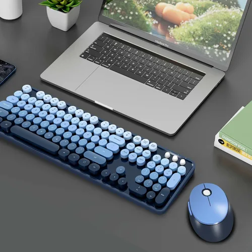 Vista 5 de Combo de teclado y mouse inalámbricos, teclas redondas retro, lindo teclado de tamaño completo, conexión sin abandono de 2.4 GHz y mouse óptico