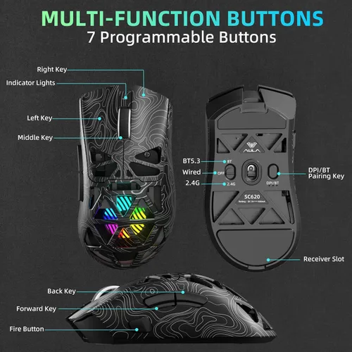 Vista 7 de Aula SC620 - Ratón inalámbrico para juegos, triple modo de 2.4 GHz/USB-C/BT5.3 con 12000 DPI, mouse macro gamer programable con llave de fuego