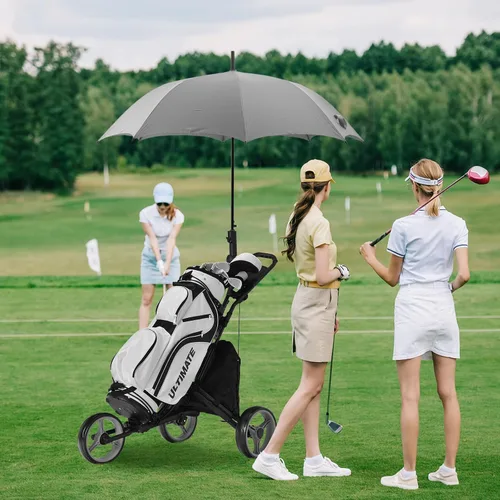 Vista 2 de Tangkula Carrito de golf de empuje, carrito de empuje plegable de aluminio ligero de 3 ruedas, carrito de golf con correa elástica, paraguas y Gris