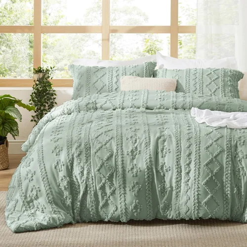 Vista 34 de Bedsure Juego de edredón bohemio copetudo, tamaño individual, juego de cama bohemio azul pizarra, GentleSoft™ 2 piezas de ropa de cama bordada