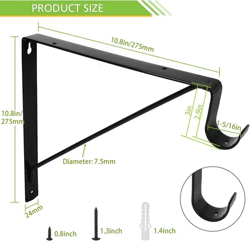 Vista 3 de Paquete de 2 soportes para barra de armario, estante de armario resistente y soportes de barra, soportes negros para barra de armario de 1-3/8