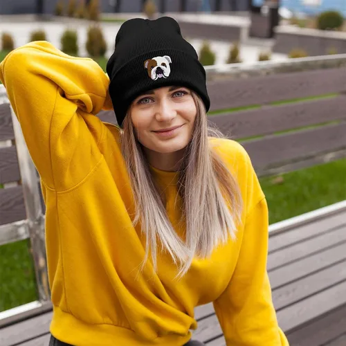 Vista 5 de Bang Tidy Clothing Gorro de bulldog inglés de punto, regalos para amantes de los perros para mujeres, sombreros de invierno bordados