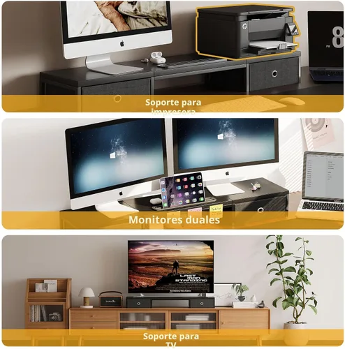 Vista 7 de Soporte elevador para monitor doble de 39 pulgadas con 2 cajones, soporte grande de madera negra para 2 monitores, organizador de escritorio