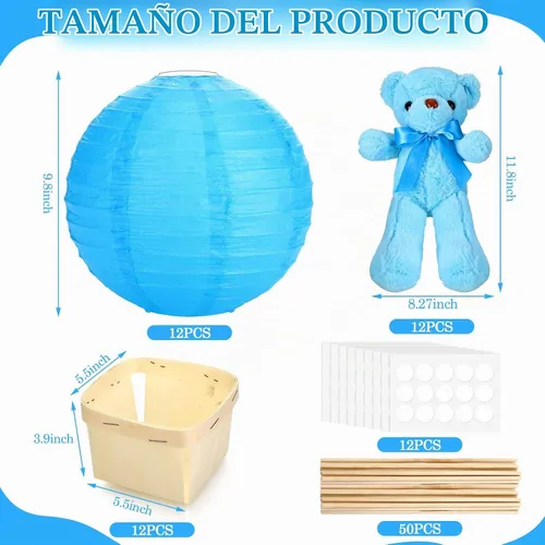 Vista 2 de Baquler Juego de 12 centros de mesa con globos aerostáticos para baby shower, bricolaje, linternas de papel, de peluche, cestas de madera para Azul