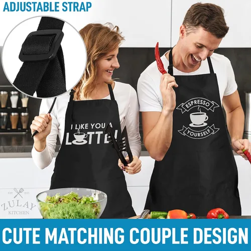 Vista 7 de Zulay - Paquete de 2 delantales divertidos para hombres y mujeres, delantales de cocina con correa ajustable para el cuello y 2 bolsillos grandes