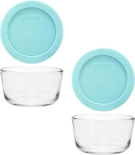 Vista 7 de Pyrex Plato redondo de almacenamiento, 1 taza, transparente con tapa azul, paquete de 6 recipientes