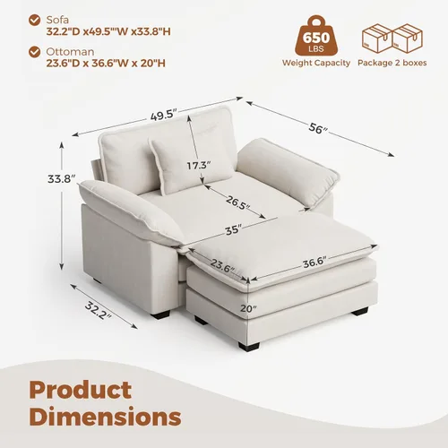 Vista 2 de CDCASA Silla de acento de gran tamaño de 50'' con otomana Asiento extra ancho y profundo estilo sofá nube para sala de estar, dormitorio, rincón