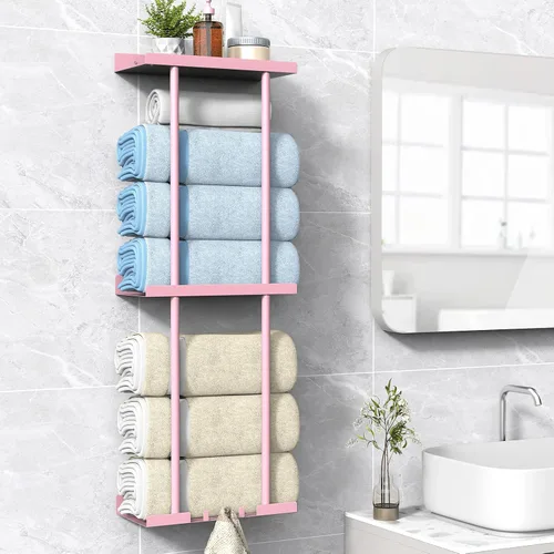 Vista 15 de Liuoud Toallero para Baño, Organizador Portador de Almacenamiento de Toallas Enrolladas Vertical Montado en la Pared con Estante, Sostiene Hasta 6