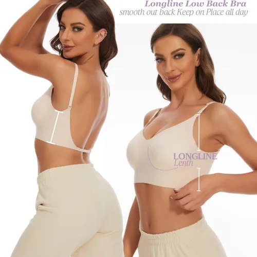 Vista 2 de Brasier de espalda baja para mujer, brasier sin espalda con tirantes convertibles multidirección, sin varillas, sin costuras, con relleno extraíble