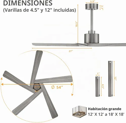 Vista 3 de WINGBO - Ventilador de techo de 54" de ABS con motor DC sin luz, ventilador de techo de 5 aspas con veta de madera de ABS con control remoto, motor