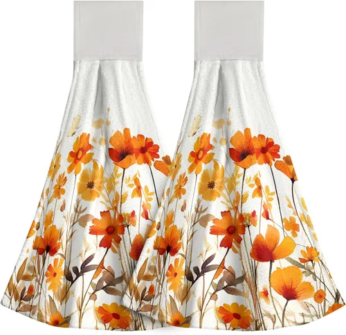 Vista 32 de Poppy Flower Hanging Hand Towels Set of 2,17x12 Inch Watercolor Chinoiserie Yellow Black Floral Soft Absorbent Dish Cloth Tie Towel for Kitchen
