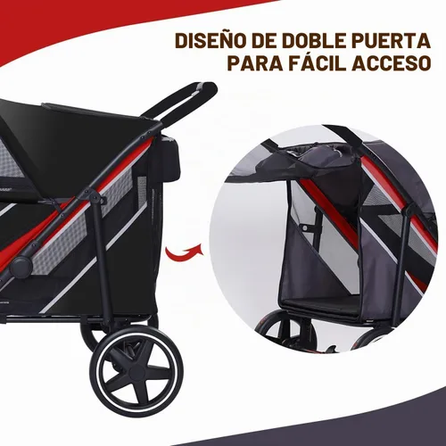 Vista 4 de Cochecito grande para perros, cochecitos para mascotas de 4 ruedas para perros medianos o 2 perros, plegable con un solo clic, malla transpirable
