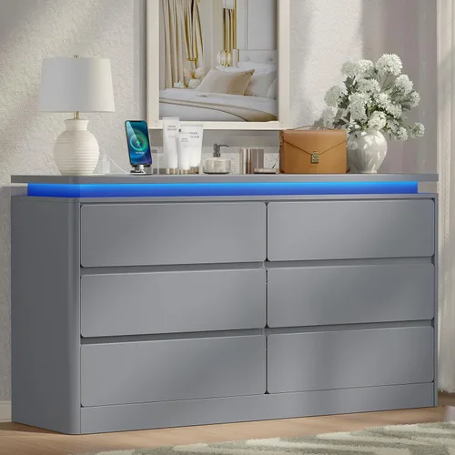 Vista 9 de Gyfimoie Cómoda Negra de 6 Cajones para Dormitorio, Cajonera Larga de 47.2" con Estación de Carga y Luces LED, Gabinete de Almacenamiento de Madera