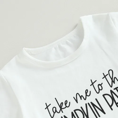 Vista 3 de Conjunto de ropa bonita de Halloween para niñas pequeñas, camiseta con parche de calabaza y pantalones acampanados, para niñas pequeñas