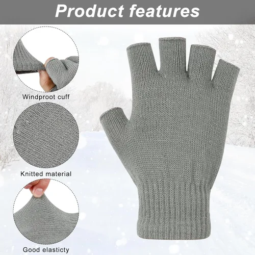 Vista 2 de Sumfox 4 pares de guantes negros sin dedos para mujeres y hombres, guantes unisex de medio dedo, guantes de punto, guantes elásticos de invierno