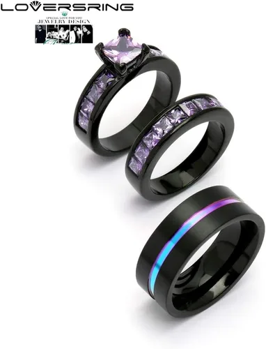 Vista 4 de LOVERSRING Juego de anillos de novia para mujer, chapado en oro negro con circonita cúbica para hombre, carburo de tungsteno, anillo de boda