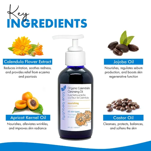 Vista 4 de Blue Beautifly Aceite limpiador de caléndula orgánico certificado por USDA, elimina el maquillaje, limpia los poros y restaura la barrera