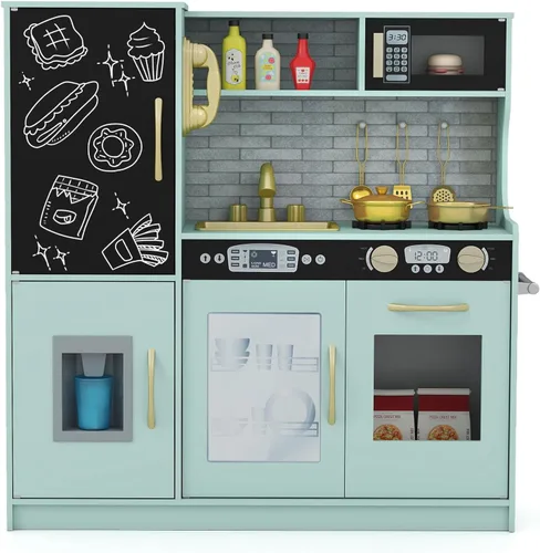Vista 14 de Costzon Juego de cocina para niños, juego de juguetes de cocina de madera con sonido real, pizarra grande, teléfono, microondas, máquina de hielo