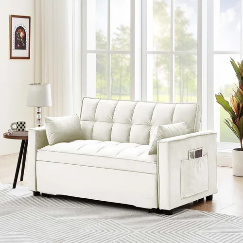 Vista 2 de Sofá cama convertible 3 en 1, sofá biplaza moderno de terciopelo con almohadas y bolsillos laterales, sofá extraíble de 2 plazas para espacios Crema