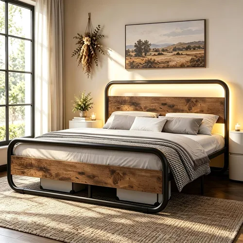 Vista 23 de Catrimown - Marco para cama individual con luces LED, marco de cama plataforma individual resistente de metal rústico con cabecera de madera Negro