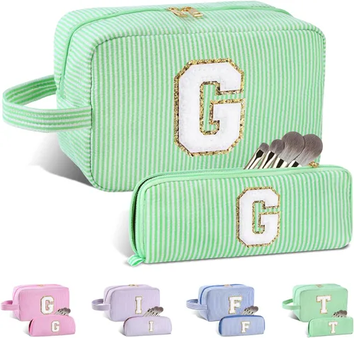 Vista 184 de Bolsa de maquillaje personalizada con inicial A-Z para mujeres, niñas y niños, bolsa de aseo de viaje, bolsa de maquillaje preparada, bolsa