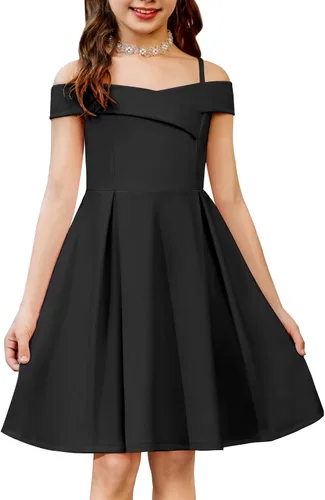 Vista 12 de Arshiner Vestido de verano para niñas con hombros descubiertos, plisado, formal, elegante Azul