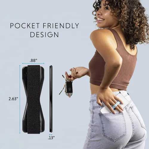 Vista 2 de LOVEHANDLE Agarre universal para la mayoría de teléfonos inteligentes, mini tabletas y fundas, correa elástica negra con base negra, paquete de 2