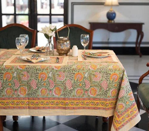 Vista 25 de Labhanshi Mantel rectangular de 6 plazas de algodón prelavado con estampado indio a mano, 60 x 90 pulgadas, diseño floral de algodón prelavado