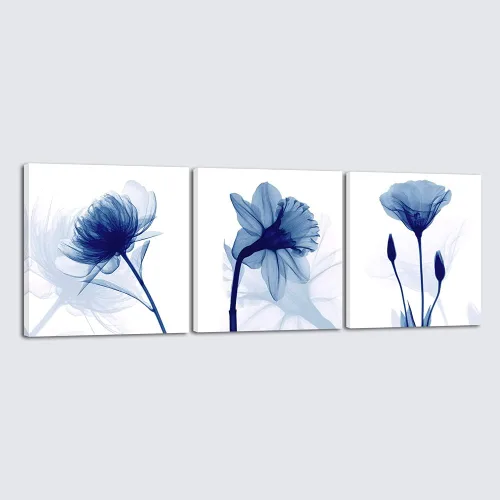 Vista 8 de Wieco Art – Flores abstractas azules enmarcadas, 3 paneles, impresiones en lienzo, arte de pared moderno, diseños artísticos para sala de estar